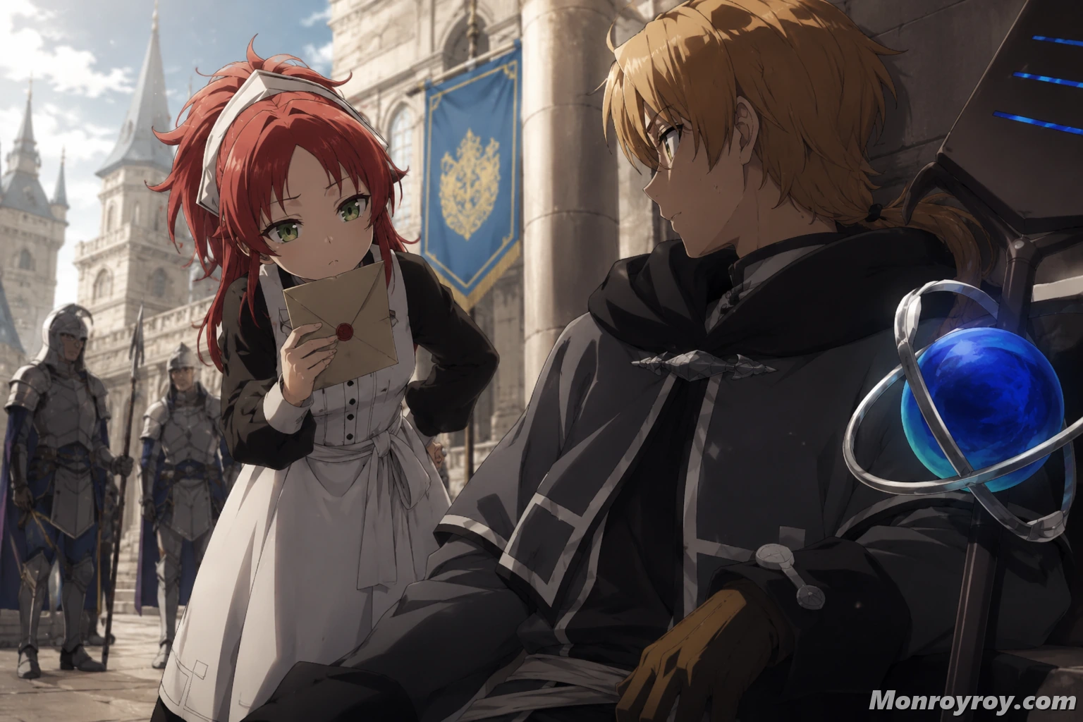 Aisha Greyrat meeting Rudeus disguised as the Knight of the Shadow Moon in Shirone
