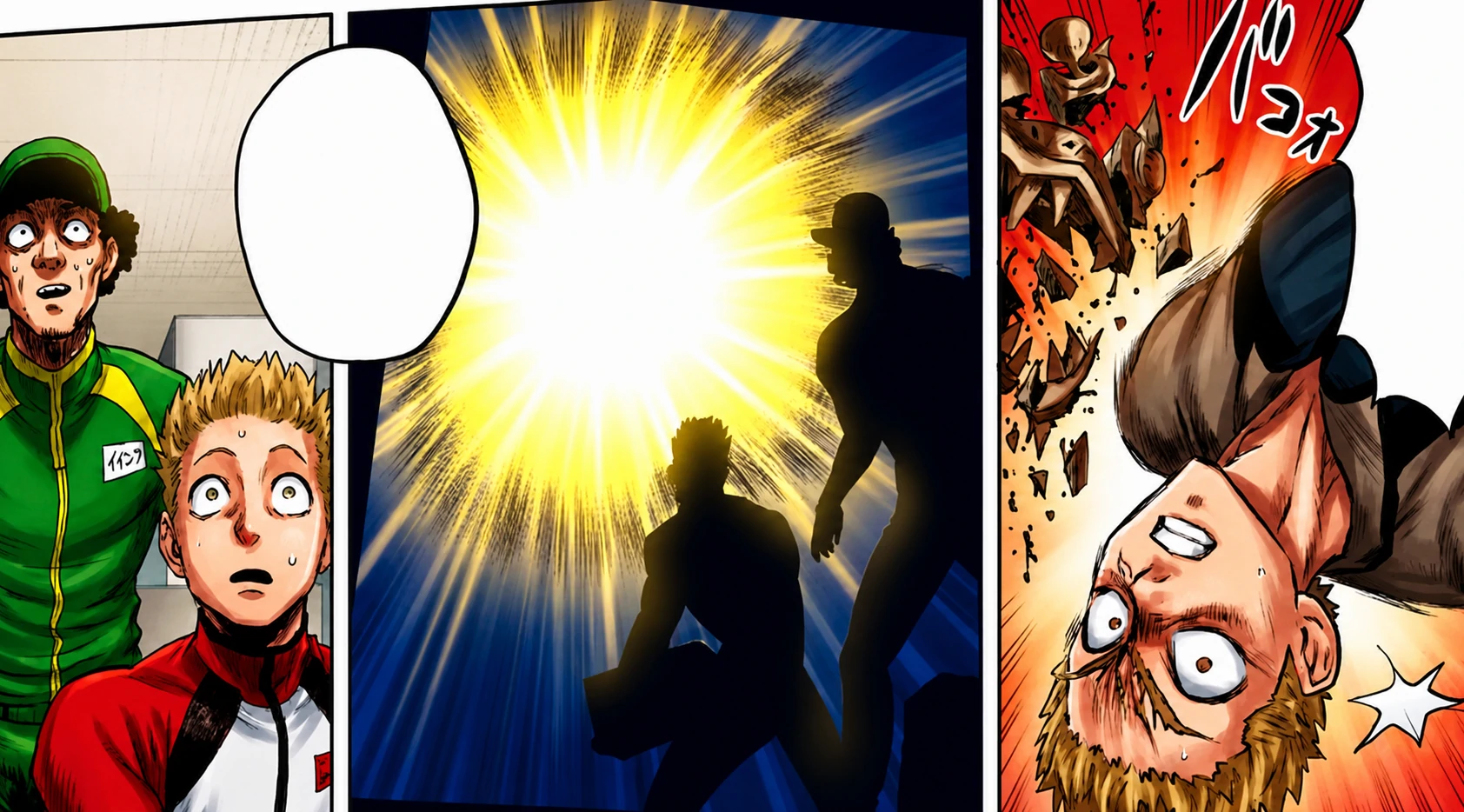Garou realizing a Dragon-level monster final energy blast is targeting two workers