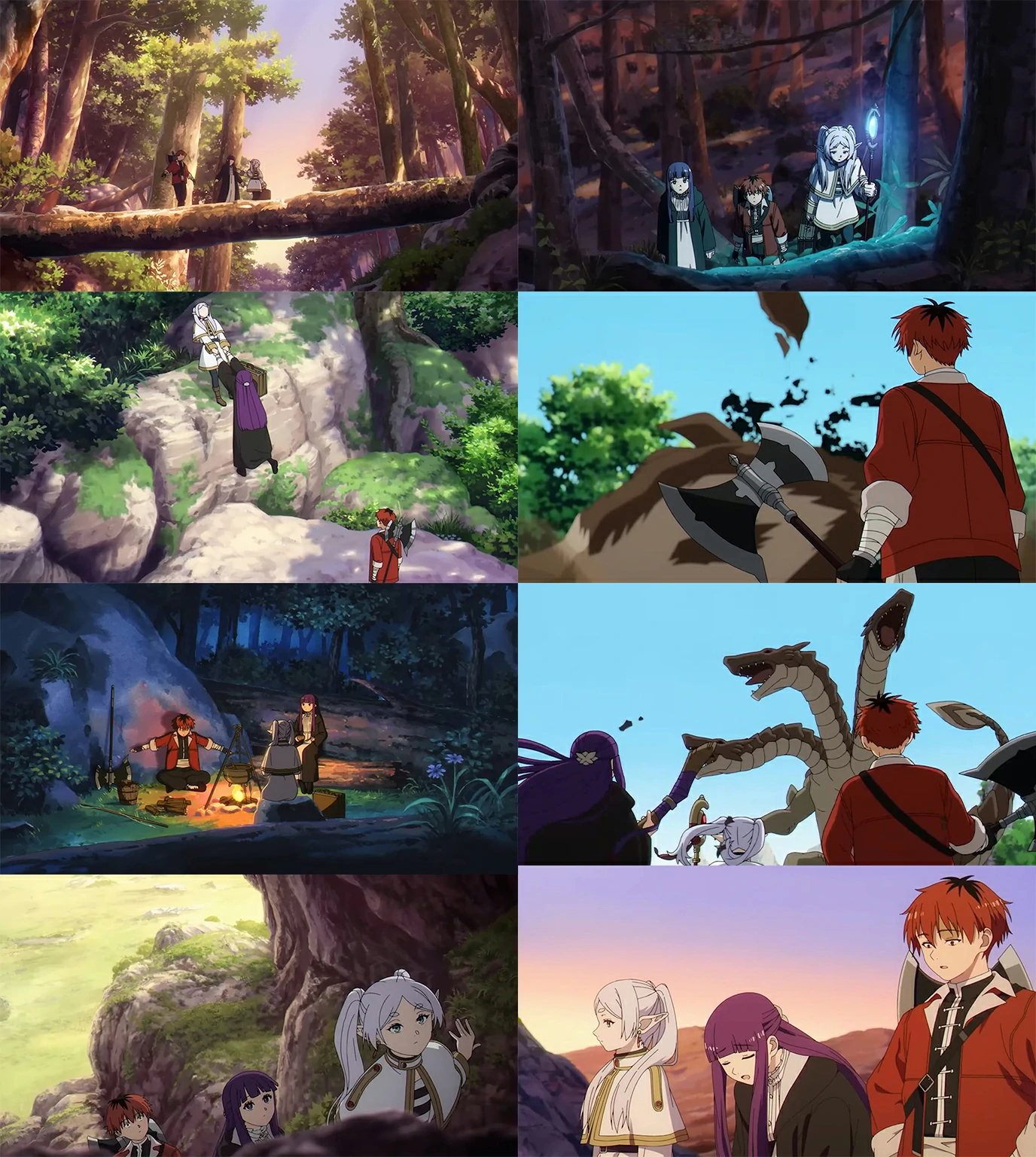 Frieren, Fern and Stark crossing the Etwas mountain range for the secret hot spring