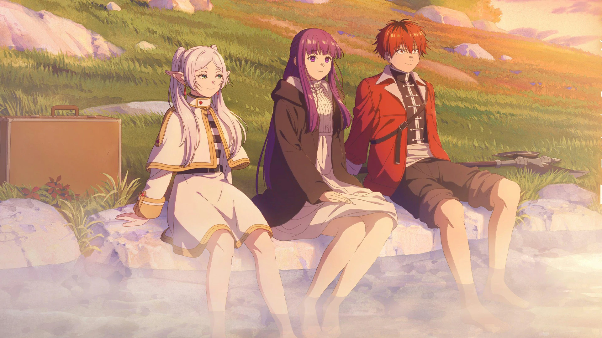 Stark, Frieren and Fern sitting together at the shallow secret hot spring
