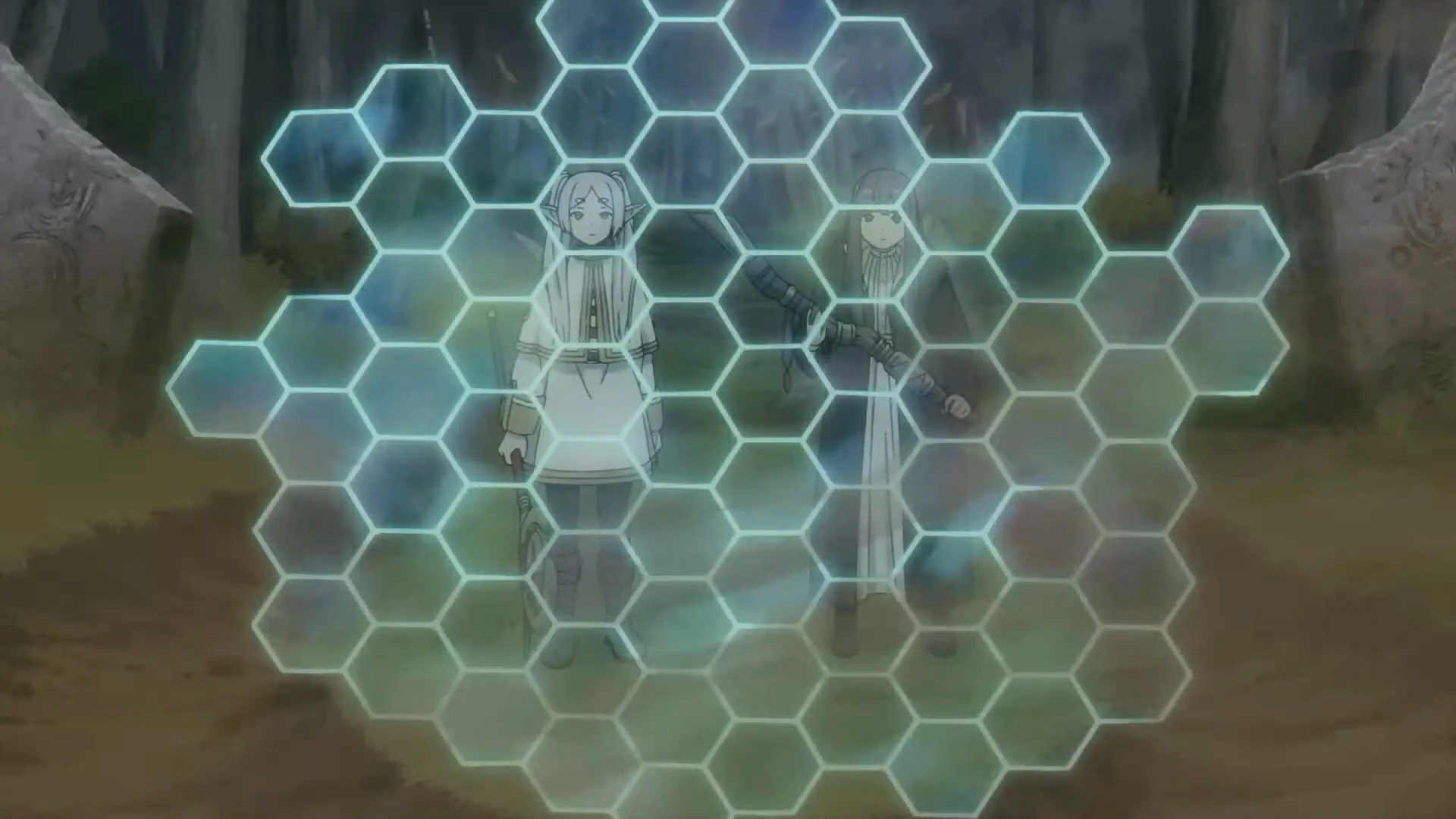 Frieren teaching Fern to time defensive magic against Zoltraak