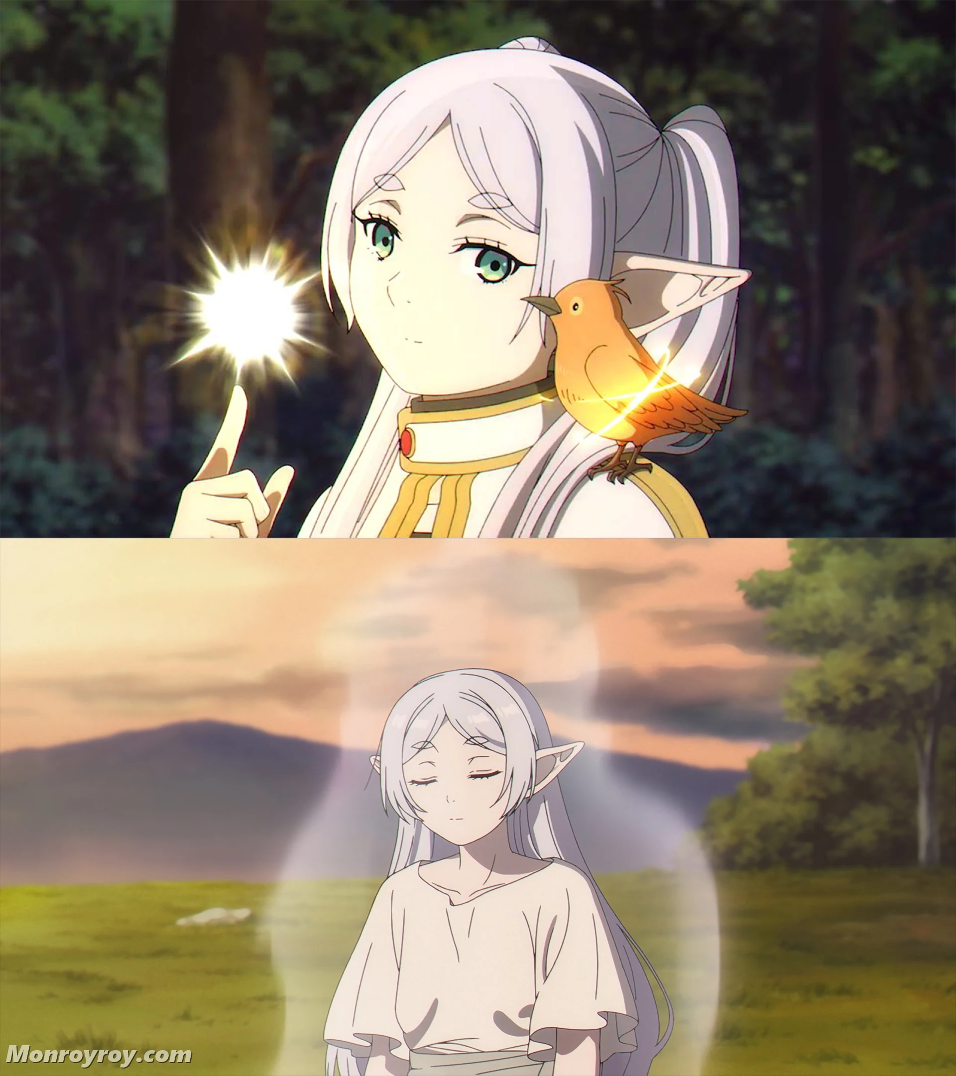 Frieren suppressing her mana before attacking demons with Zoltraak