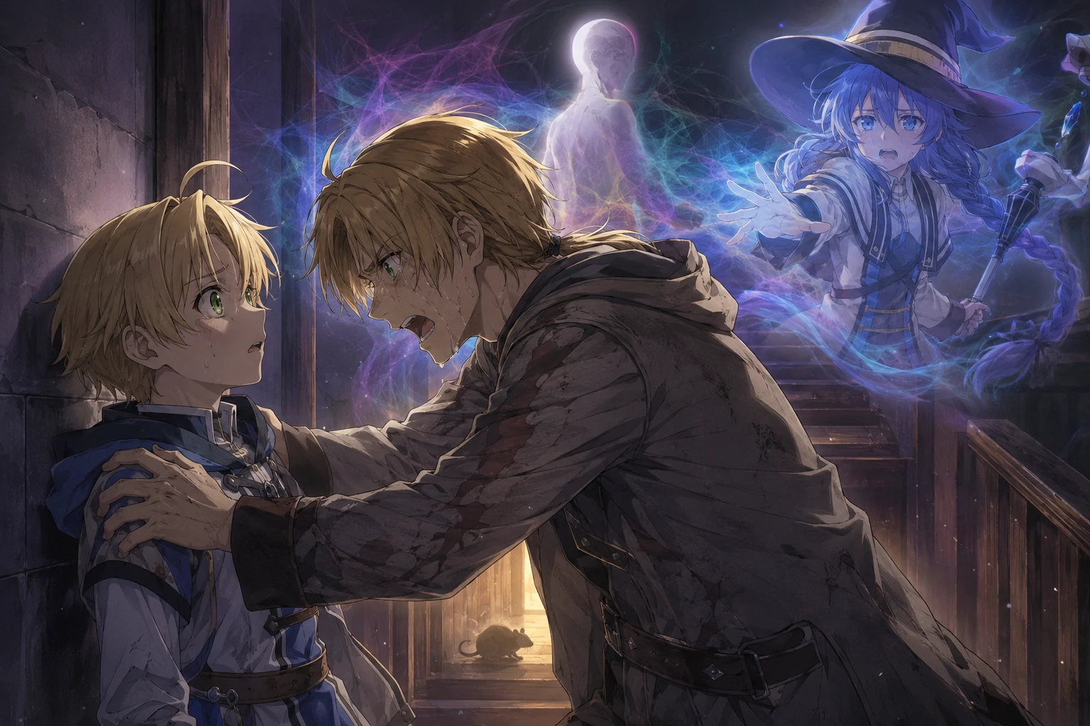 Future Rudeus warning his younger self about Hitogami’s basement trap