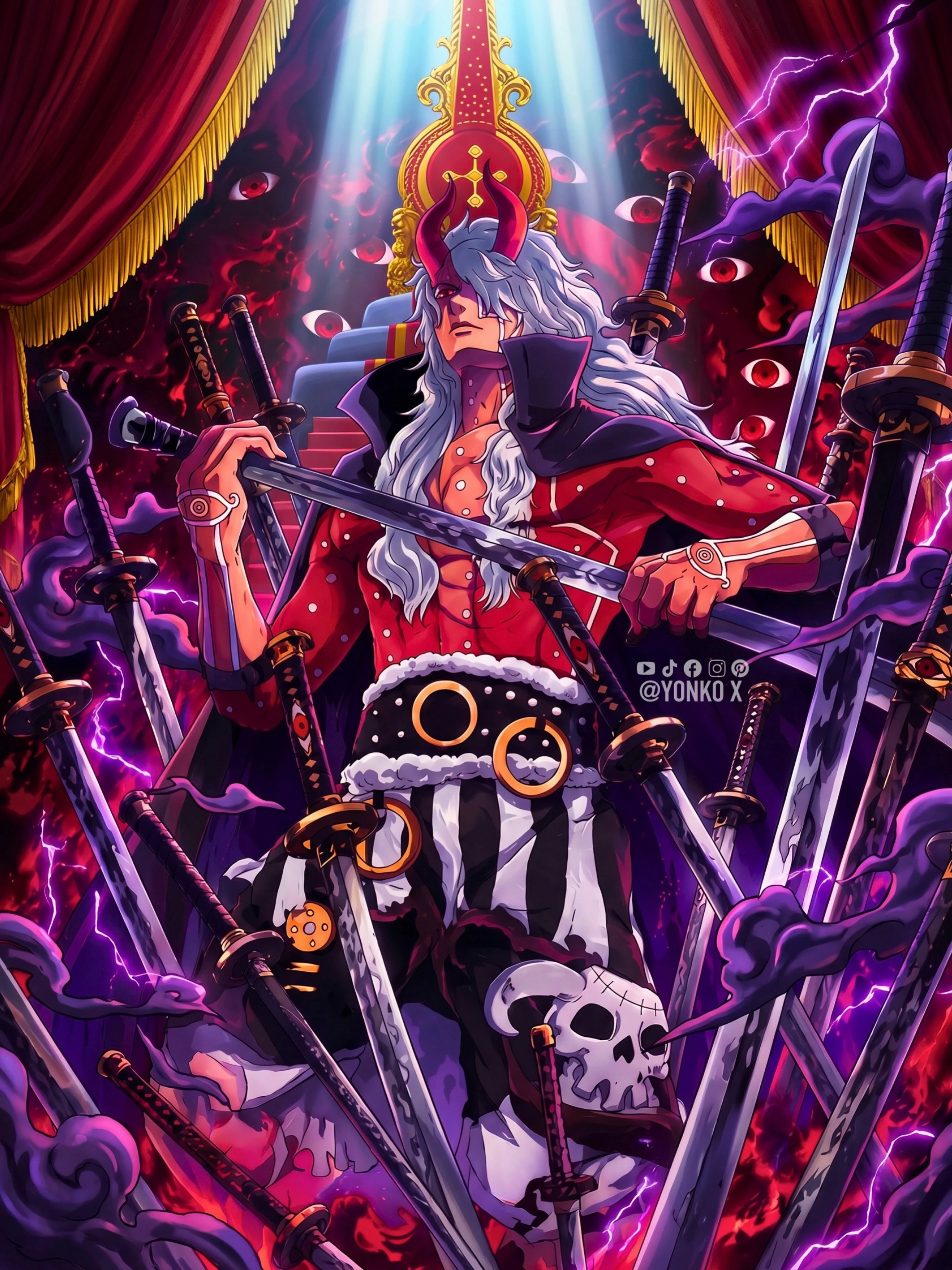 Imu surrounded by the nineteen restored weapons connected to the Empty Throne