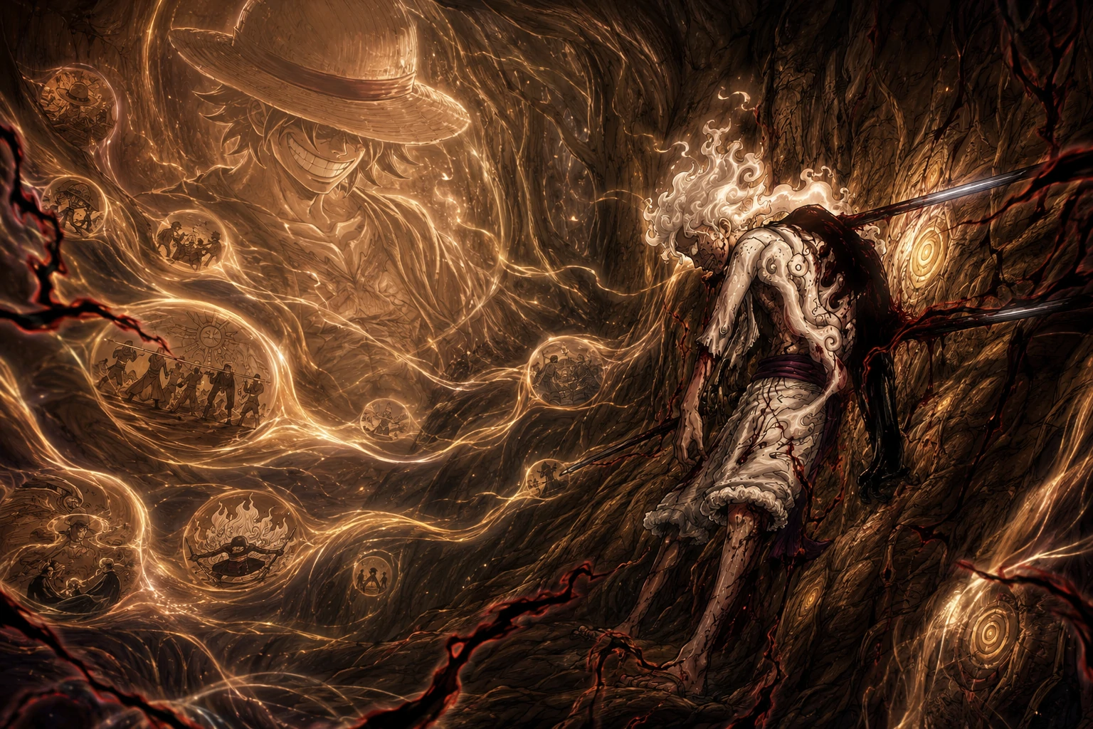 Joy Boy’s preserved Haki awakening inside the Jewel Tree Adam near Luffy