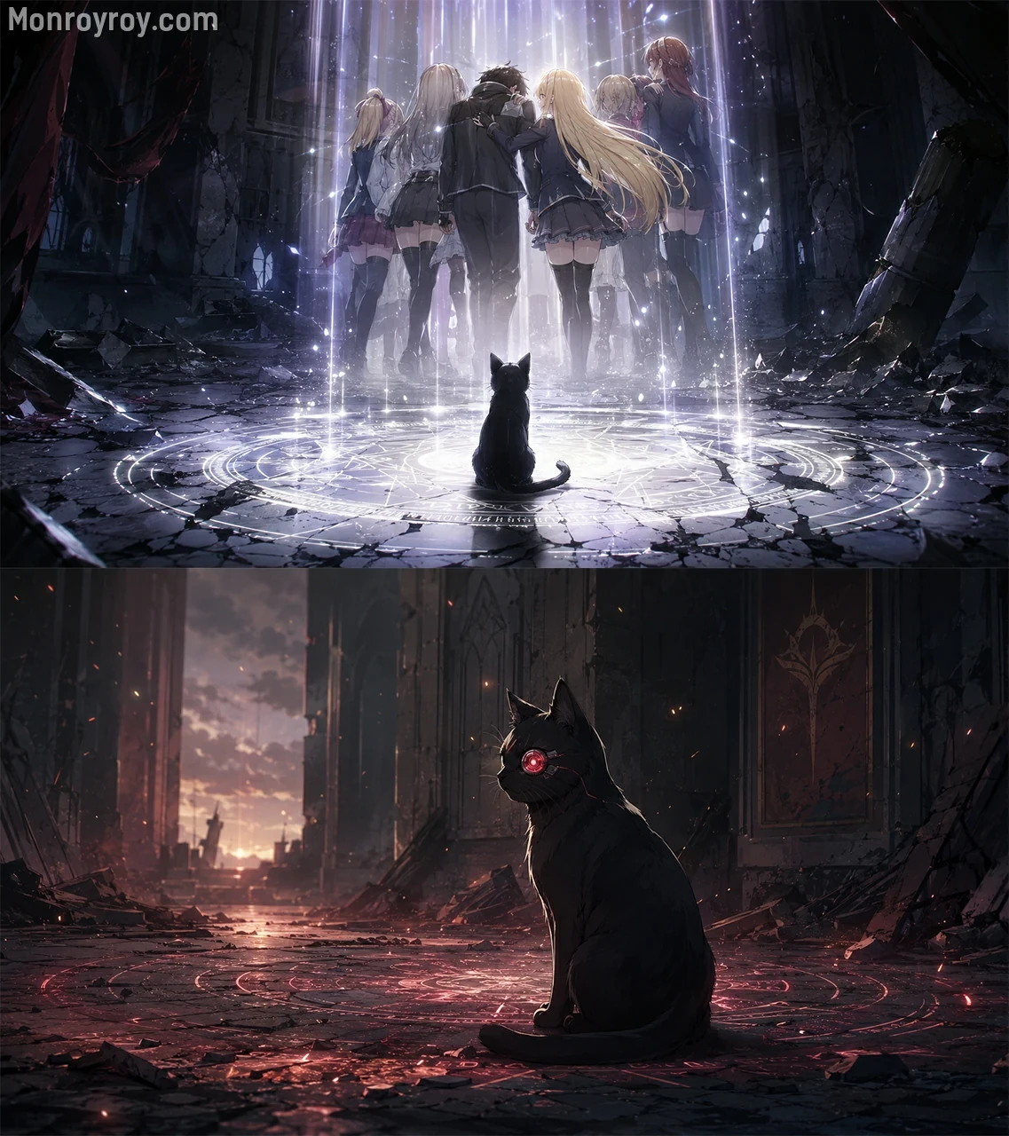 Luxion appearing as a black cat and remaining behind to save Leon
