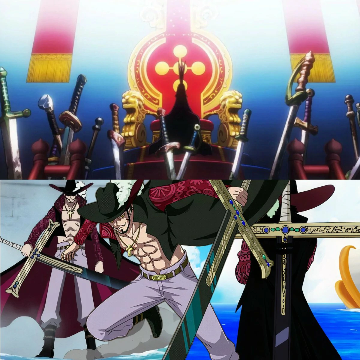 Mihawk examining Yoru as the Empty Throne appears behind the blade