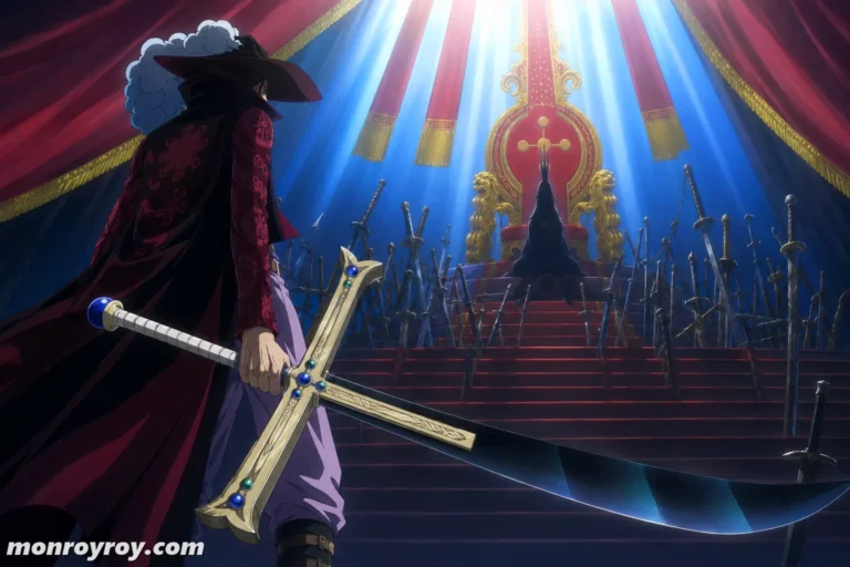Mihawk holding Yoru before Imu and the nineteen weapons of the Empty Throne