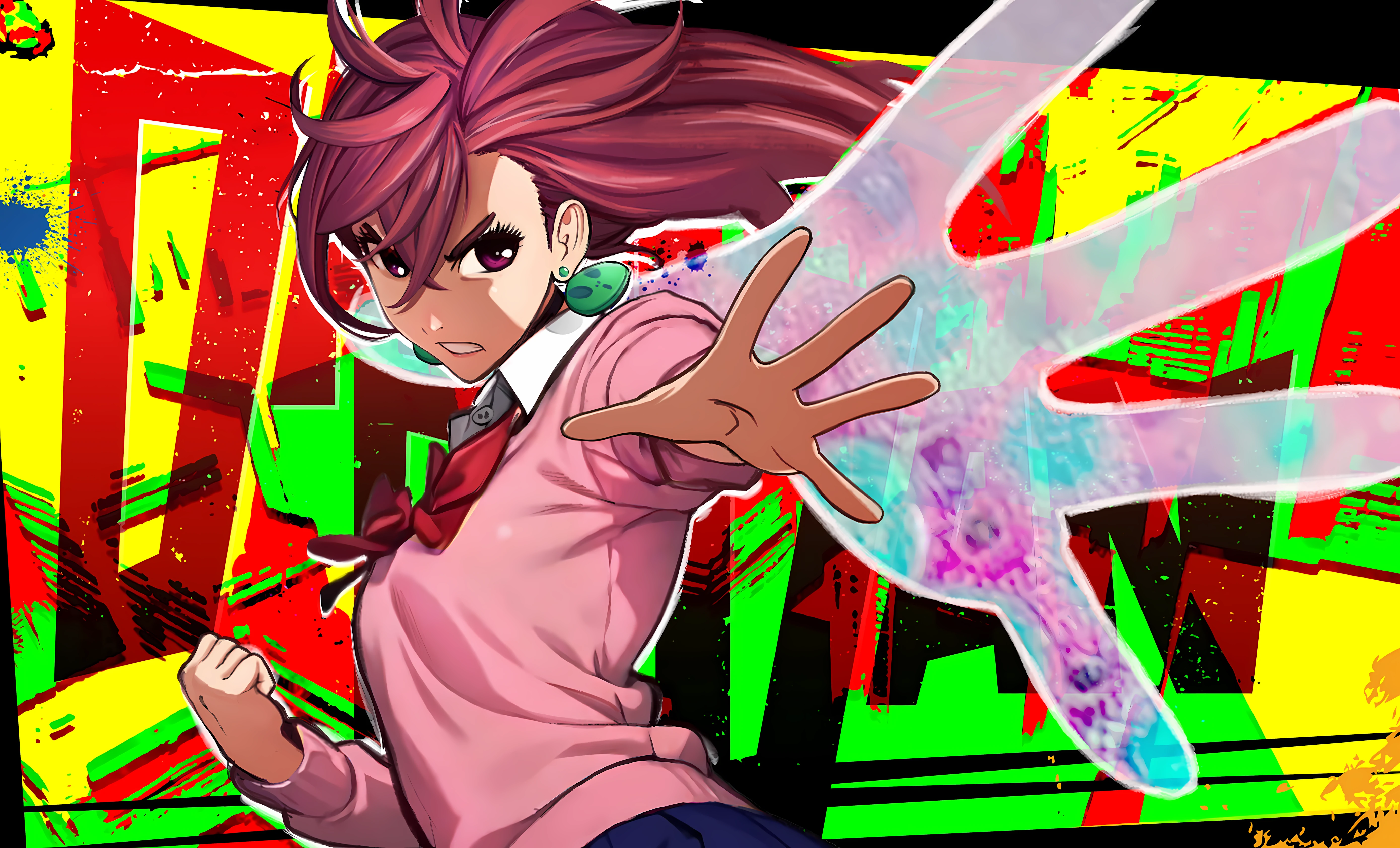 Momo Ayase appearance with short maroon hair choker school uniform and blue-green earrings