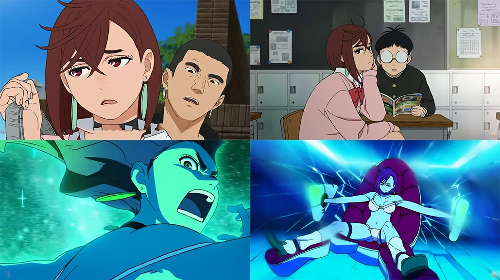 Momo Ayase protecting Okarun while arguing with Aira in Dandadan
