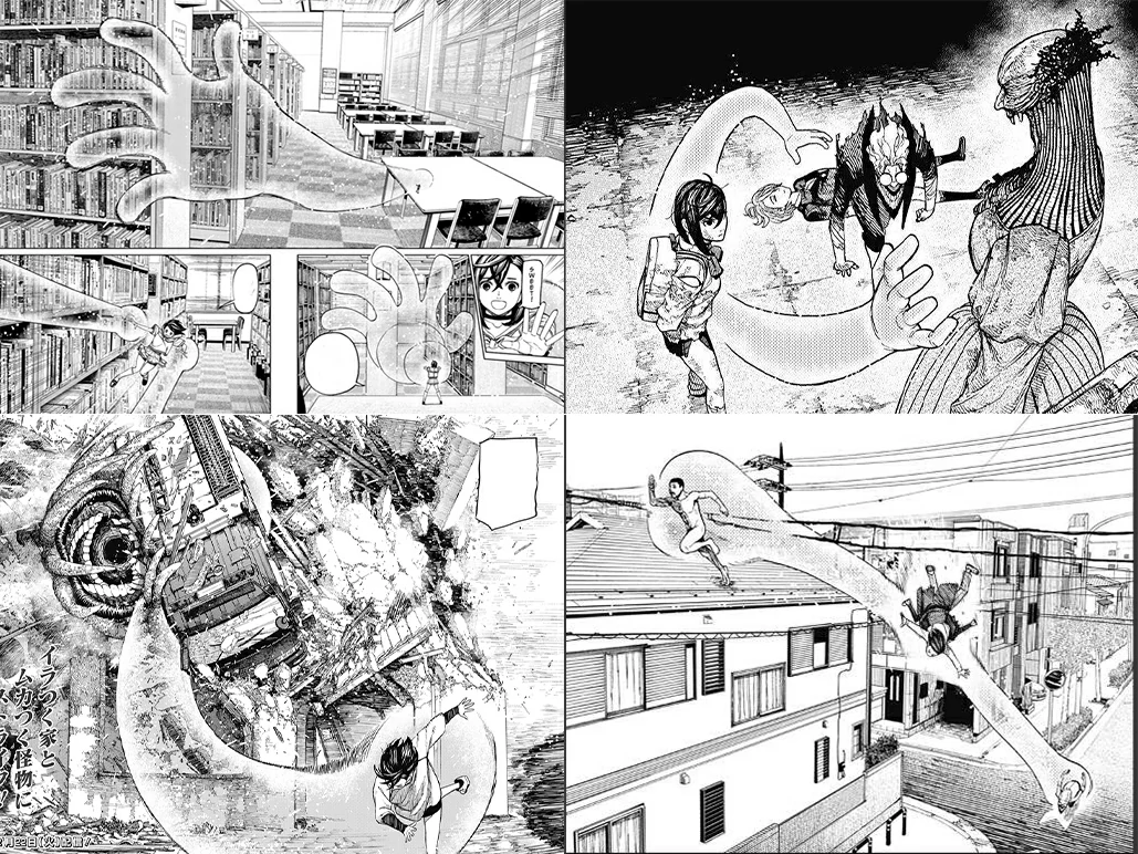 Momo Ayase using two large psychic hands to lift a fire truck and restrain an enemy