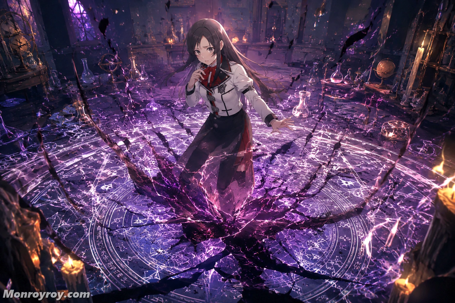Nanahoshi standing inside the failed multiverse teleportation circle as black light interrupts her return to Earth