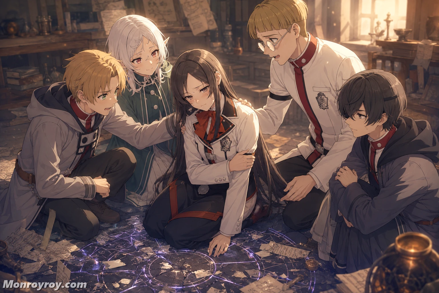 Nanahoshi supported by Rudeus Sylphiette Cliff and Zanoba after a failed experiment