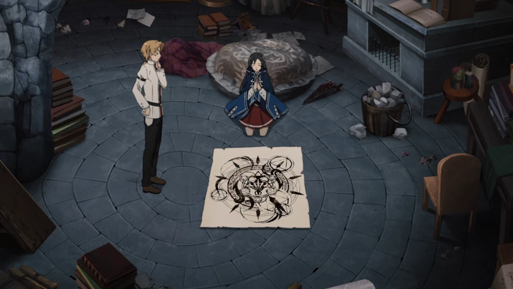 Nanahoshi and Rudeus researching teleportation magic at Ranoa University of Magic