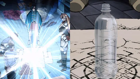 Nanahoshi Rudeus Cliff and Zanoba successfully summoning bottled water and a watermelon from Earth