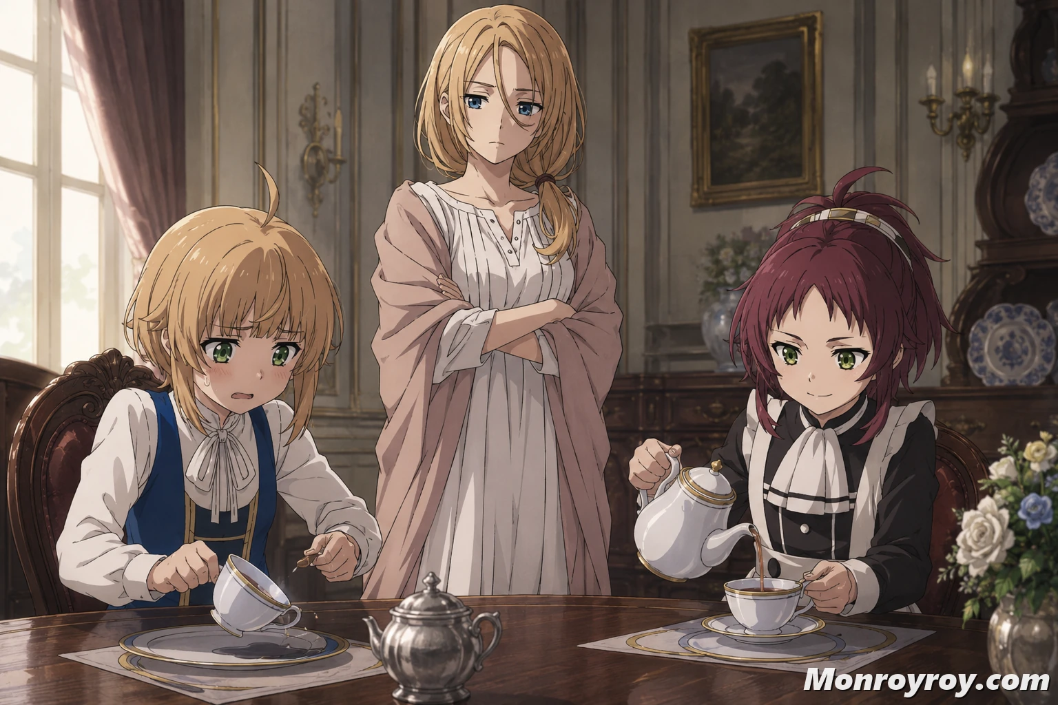 Norn struggling beside gifted Aisha during etiquette lessons with Zenith’s mother
