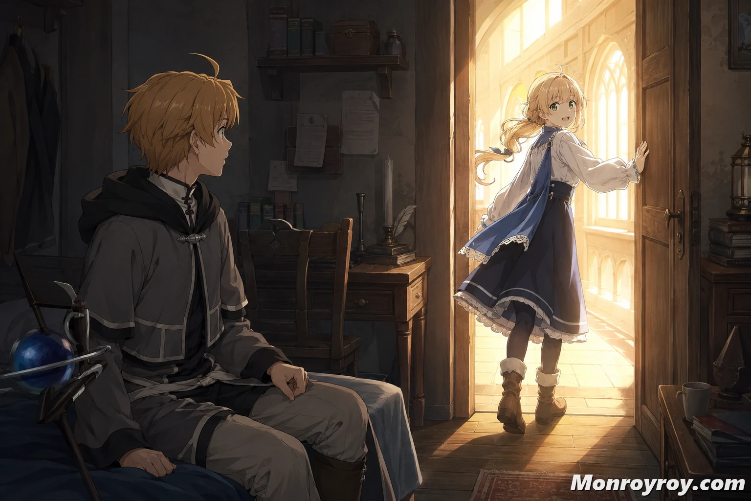 Norn leaving her dorm room after recognizing Rudeus’s sincere attempt to help her