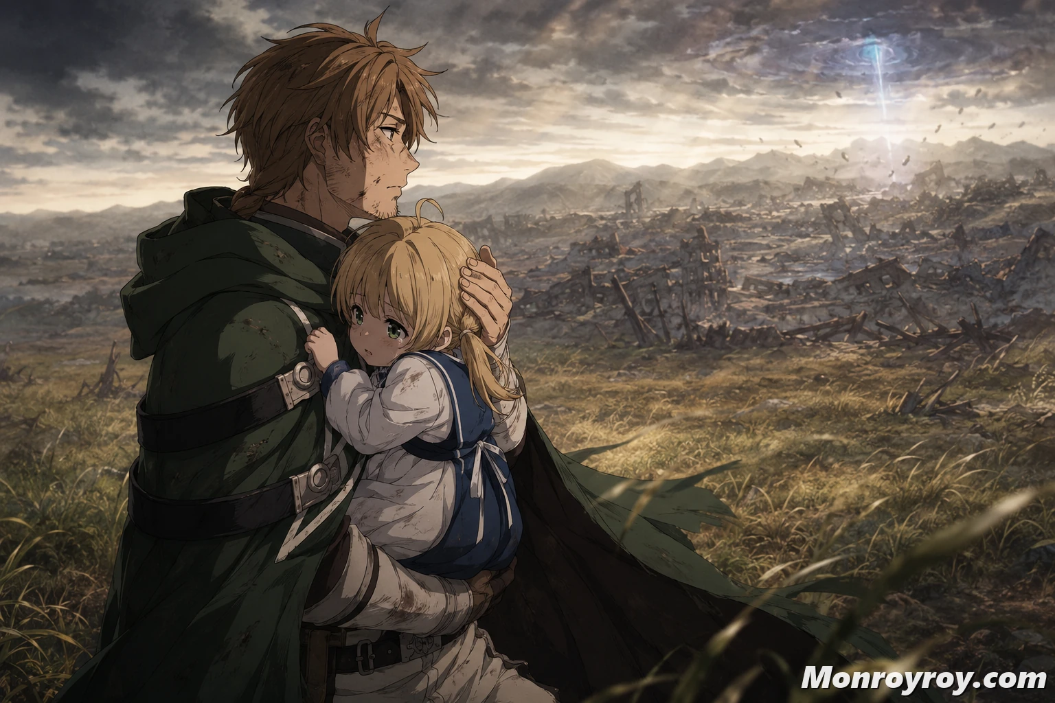 Paul Greyrat holding young Norn after the Teleportation Incident destroyed Buena Village