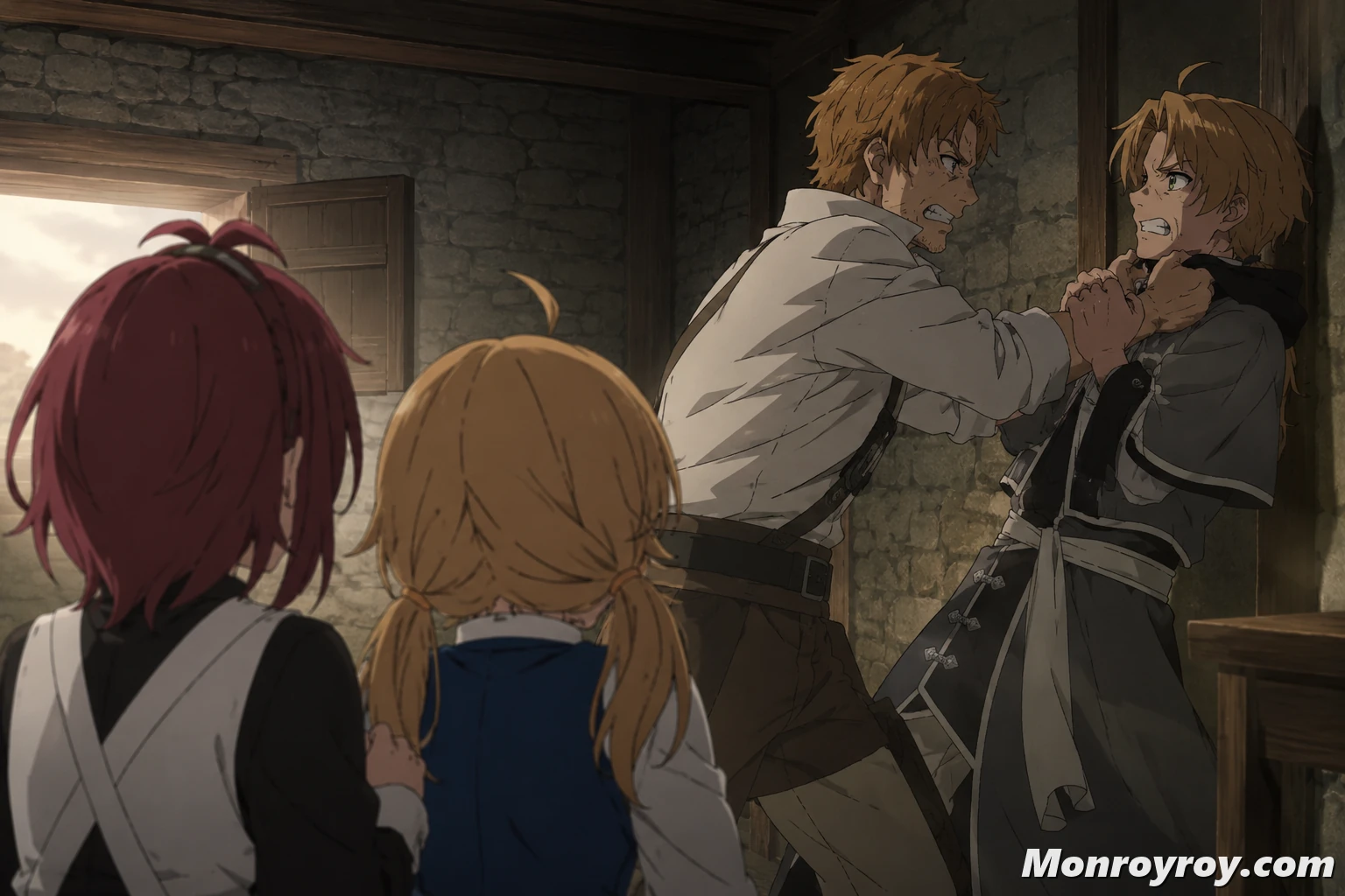 Young Norn watching Rudeus and Paul fight during their painful reunion in Milis