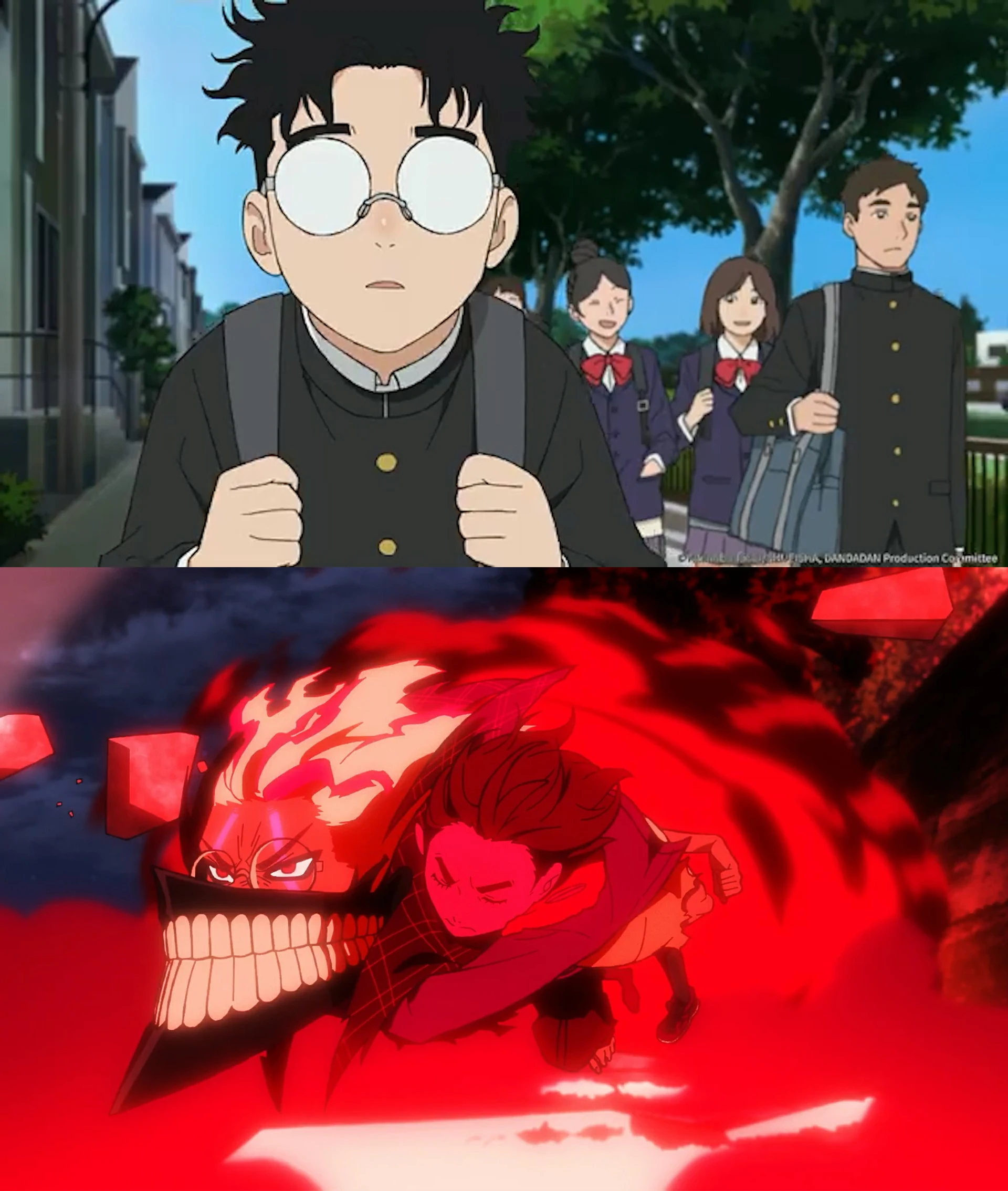 Okarun Ken Takakura before and after his hairstyle changes in Dandadan