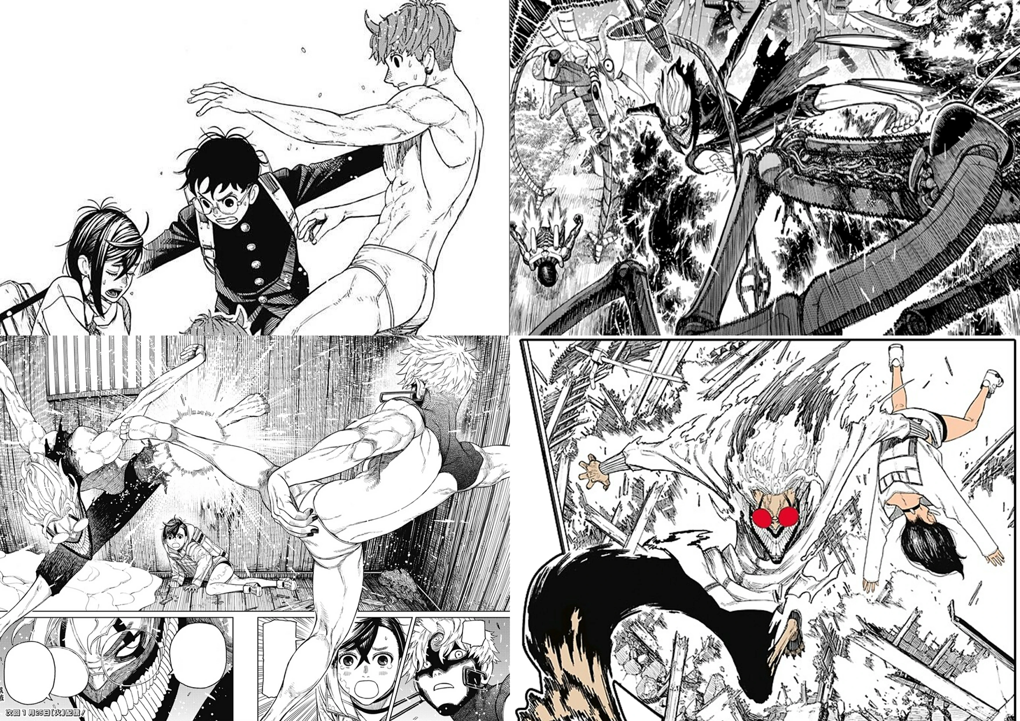 Okarun protecting Momo and Jiji from the Evil Eye in Dandadan
