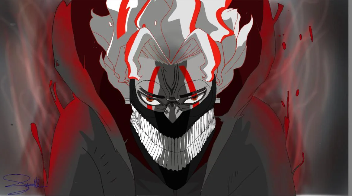 Okarun Turbo Granny transformation with white hair red eye markings mask and black nails