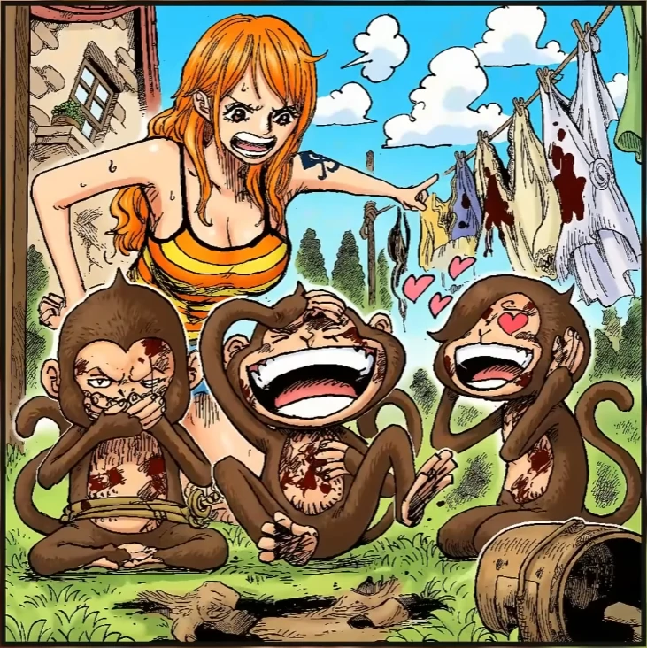 Nami scolding Luffy Zoro and Sanji as the Three Wise Monkeys