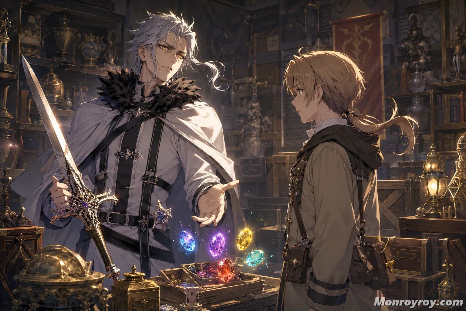 Orsted giving Rudeus a valuable magic sword and rare magic stones for mission funding