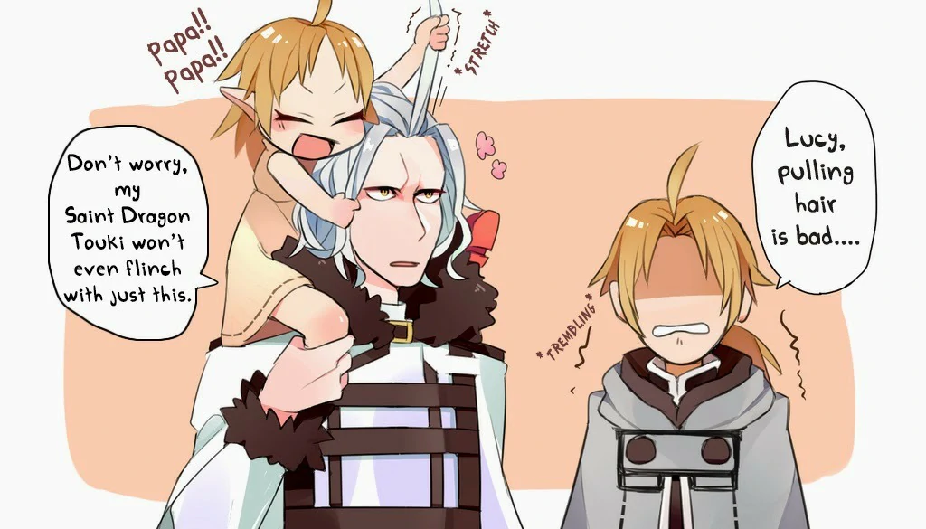 Orsted patiently carrying Lucy Greyrat while Rudeus watches