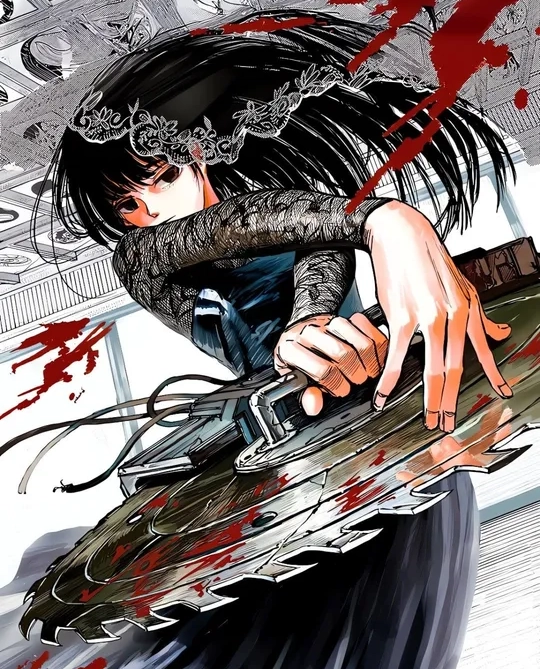 Osaragi attacking with her giant cable-controlled buzzsaw