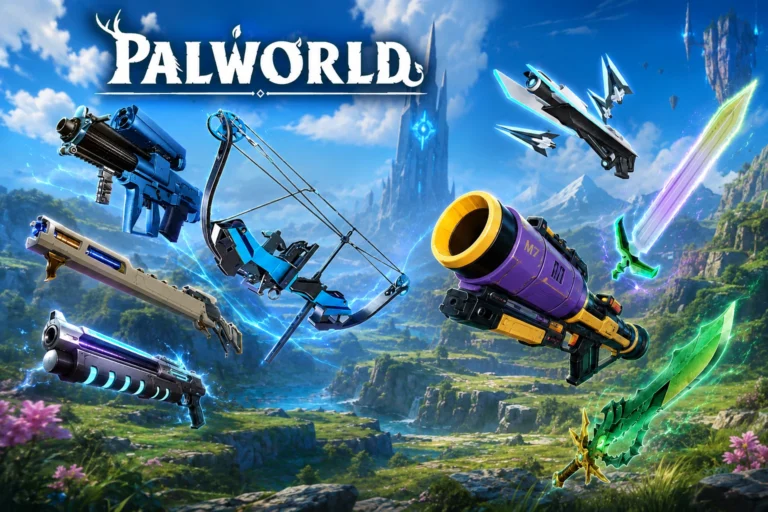 Best weapons in Palworld 1.0 featuring the Mechanical Bow, Drone Launcher and Tactical Grenade Launcher