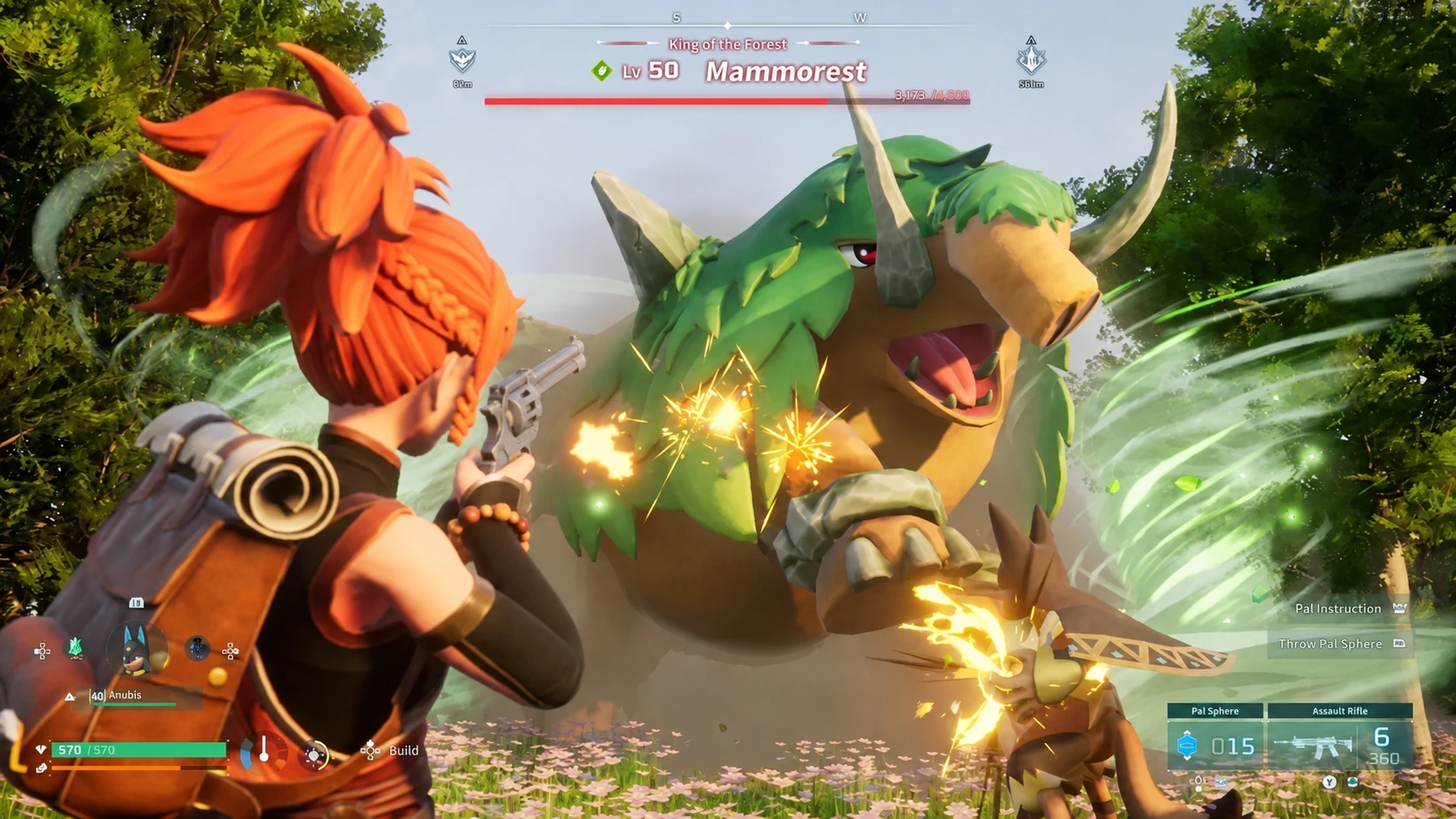 Palworld player aiming an Old Revolver during a mid-game battle