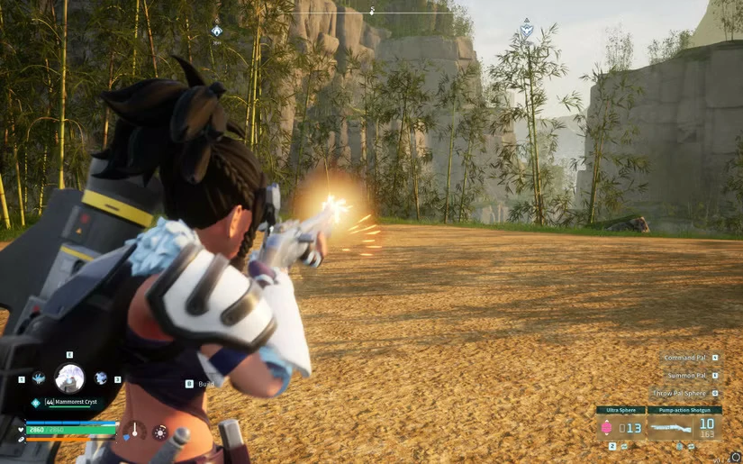 Palworld player using a Pump-Action Shotgun against a large Alpha Pal