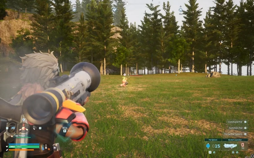 Palworld player firing a Rocket Launcher into a group of hostile Pals