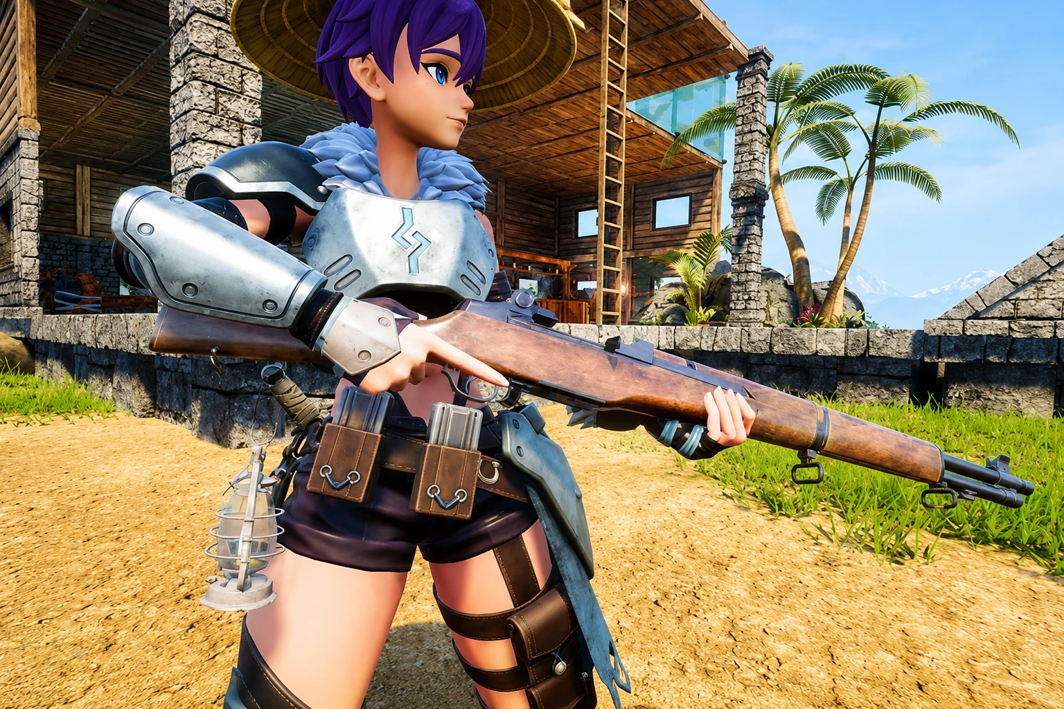 Palworld player using a Semi-Auto Rifle in open-world combat