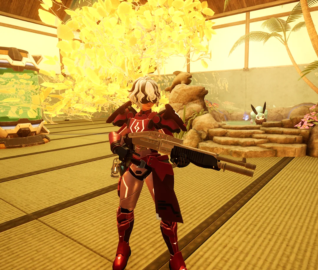 Palworld player firing a Semi-Auto Shotgun at close range