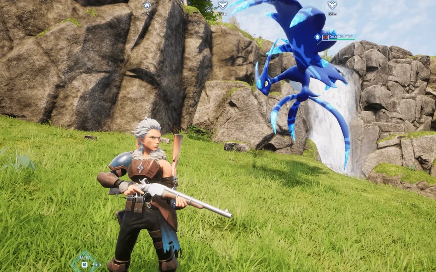 Palworld player aiming a Single-Shot Rifle at a distant Alpha Pal