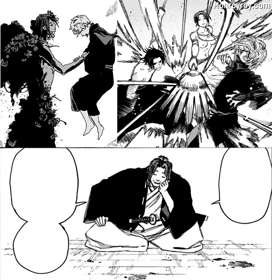 Rien defeating Shugen and Gabimaru with the power of a True Immortal
