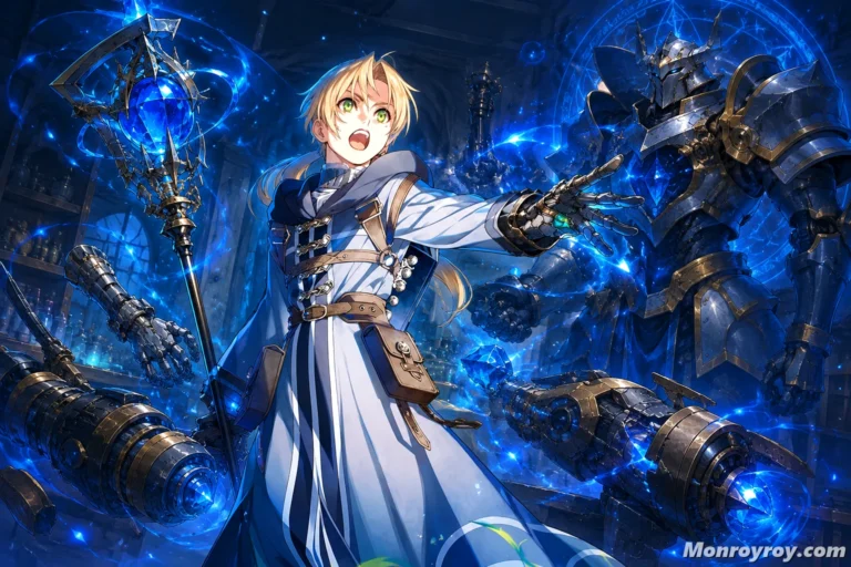 Rudeus Greyrat equipment including Aqua Heartia, Magic Armor and Stone Cannon weapons