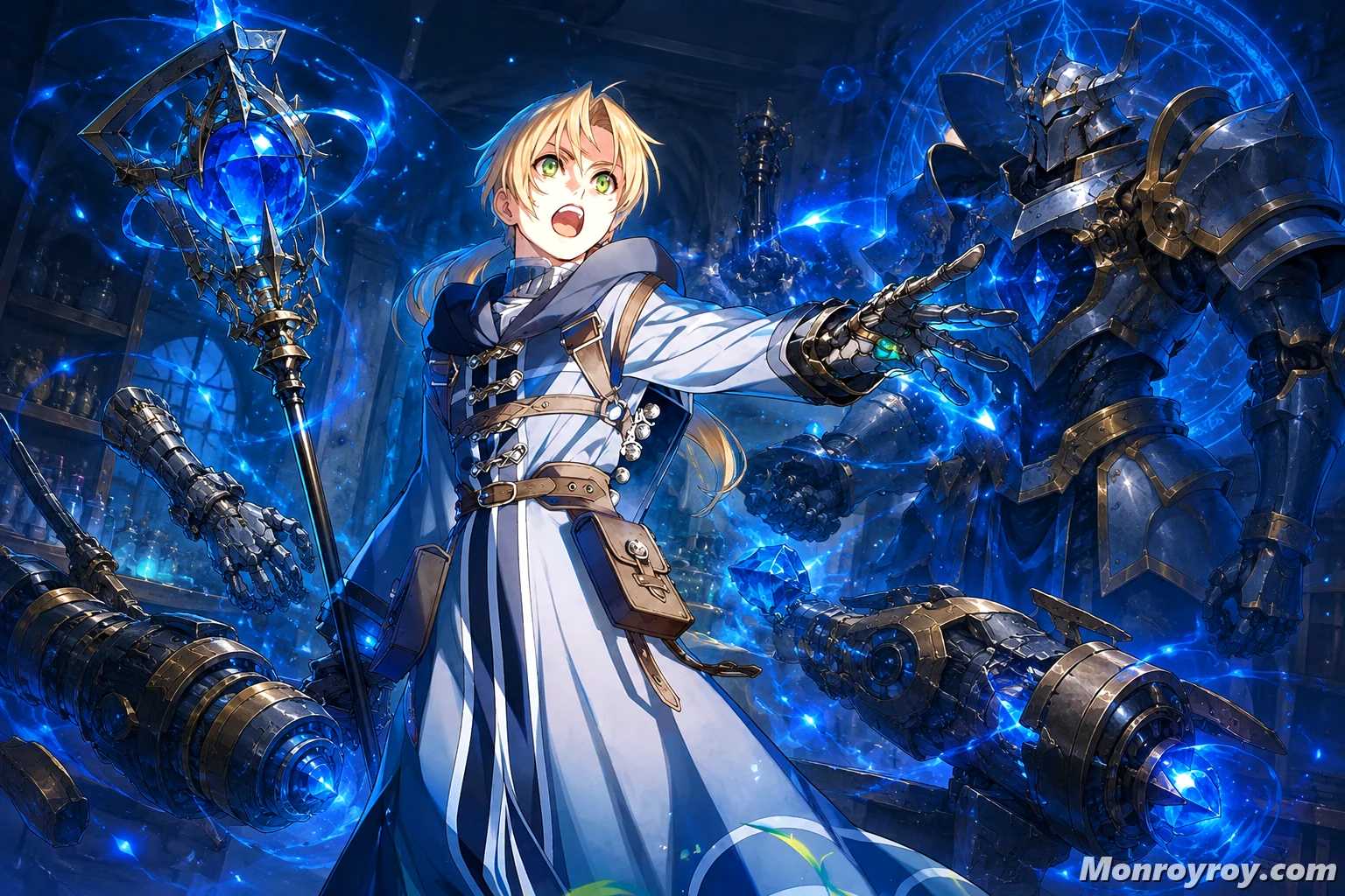Rudeus Greyrat equipment including Aqua Heartia, Magic Armor and Stone Cannon weapons
