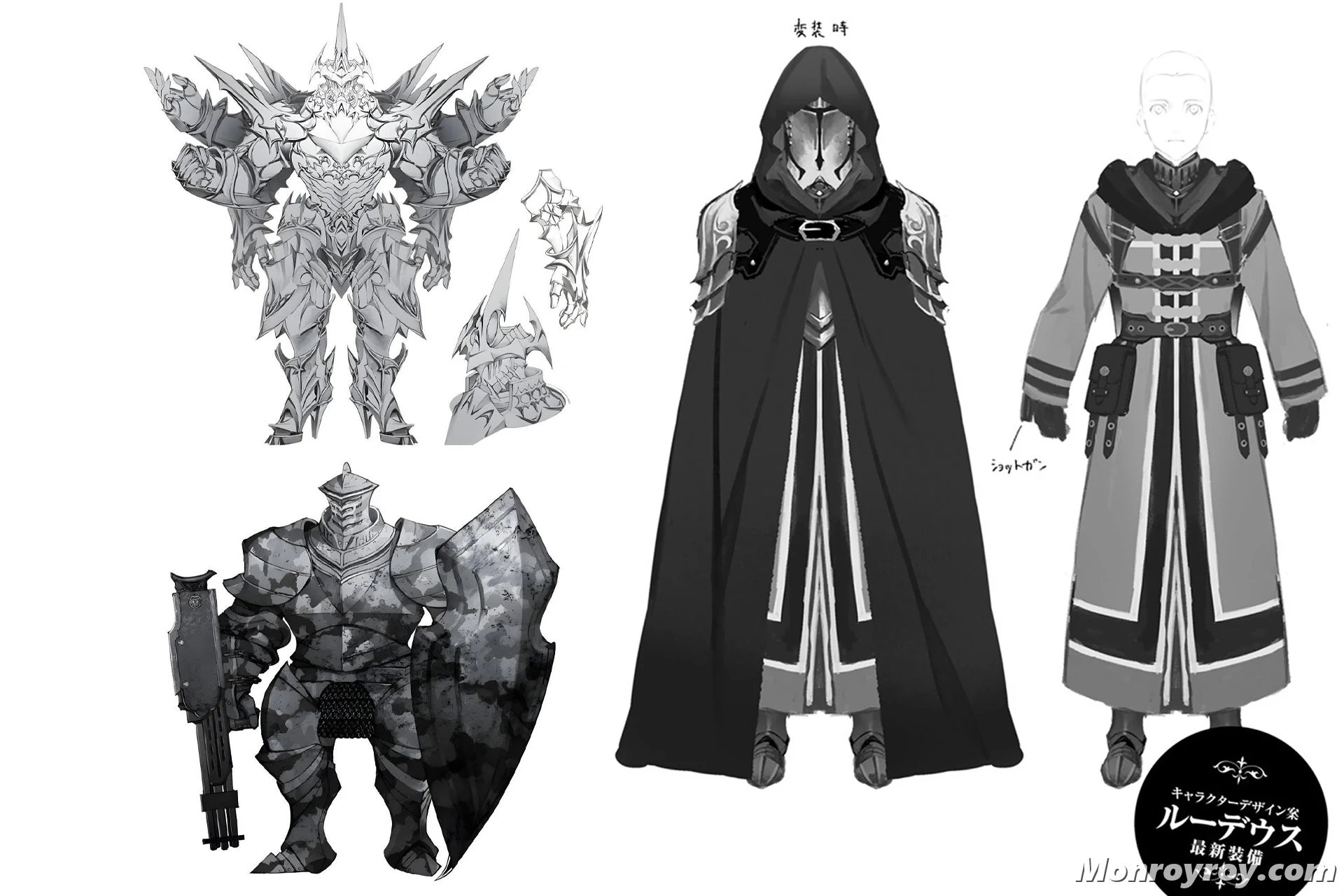 Rudeus surrounded by Magic Armor Mk I, Mk II, Mk Zero and Mk III