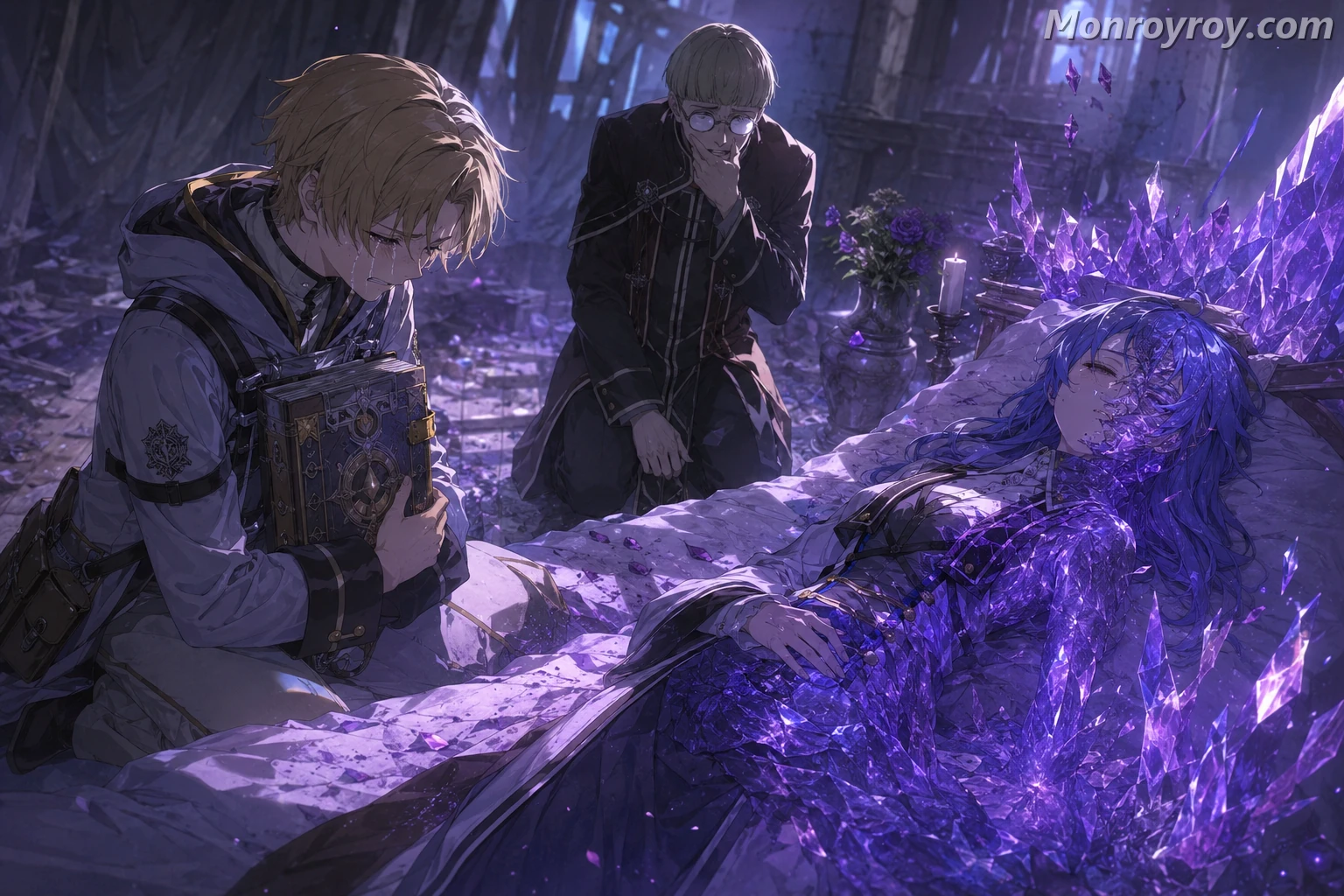 Rudeus returning too late after Roxy dies half crystallized from Magic Stone Disease