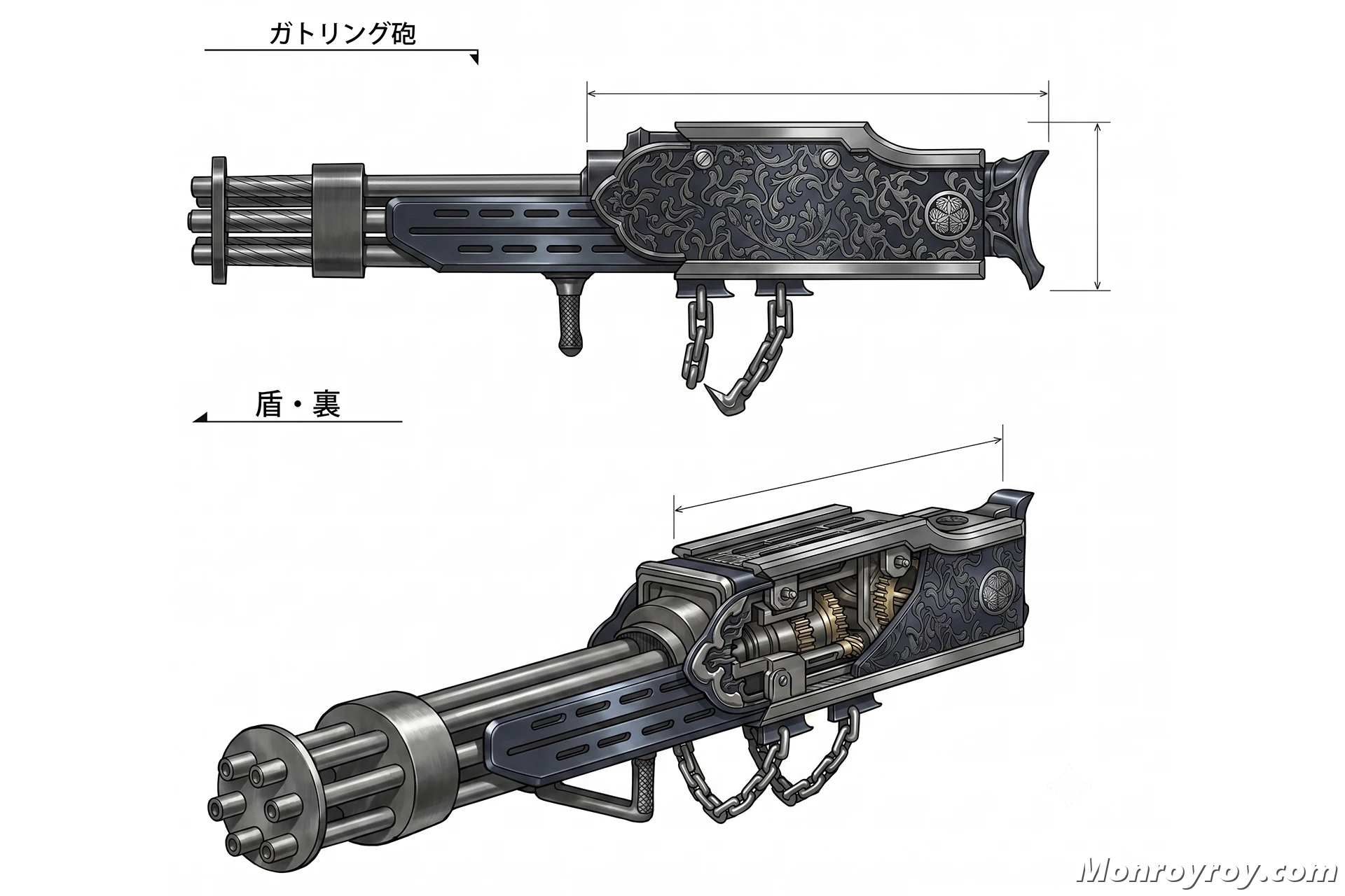 Rudeus comparing the Stone Cannon Gatling Gun and Shotgun Cannon