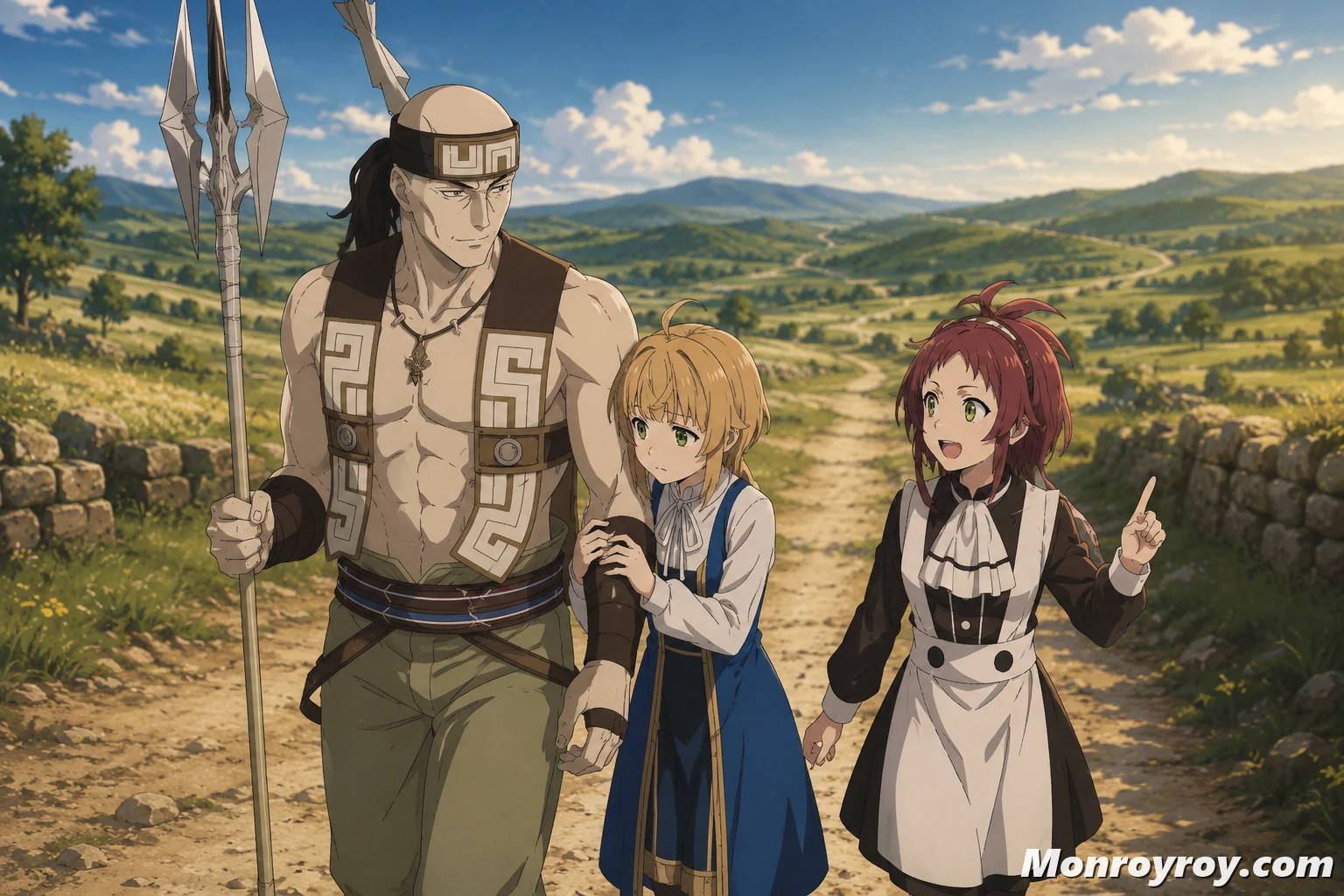 Ruijerd Superdia escorting Norn and Aisha toward Rudeus in Sharia