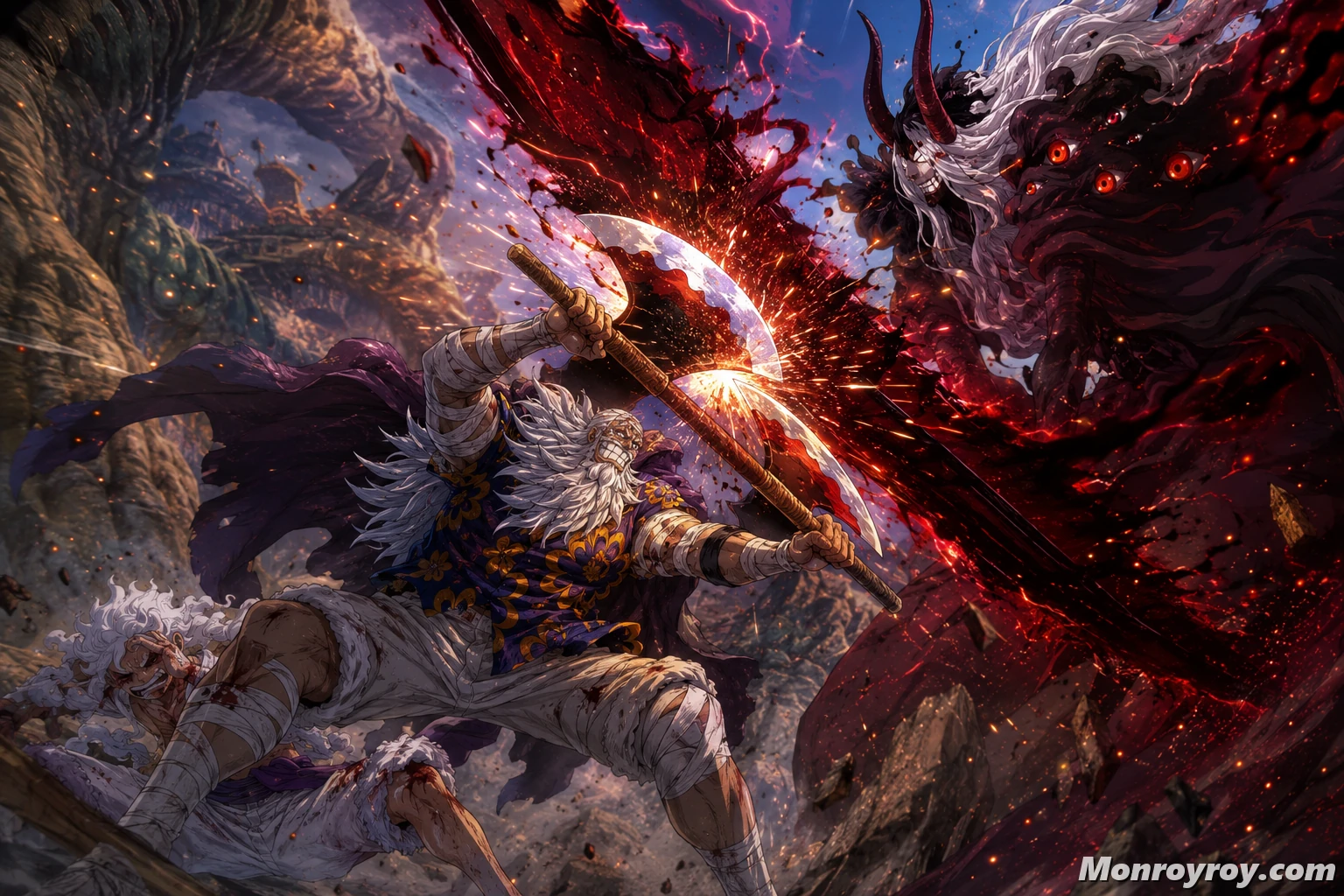 Scopper Gaban blocks Imu’s Xing Tian Axe to save Luffy