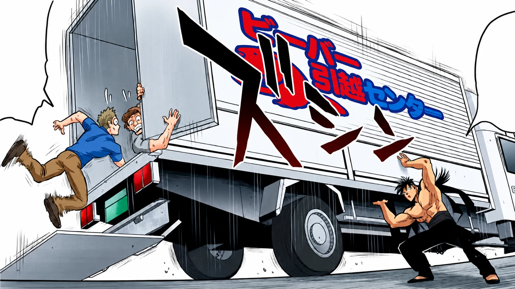 Suiryu lifting a delivery truck to save two workers from an energy blast