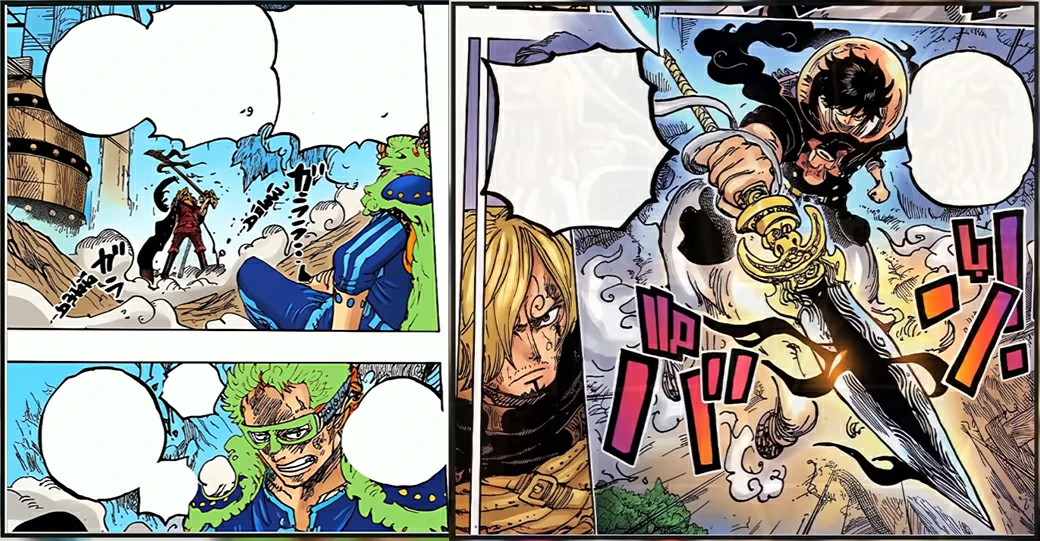 Zoro fighting Sommers while Sanji faces Killingham’s restored spear