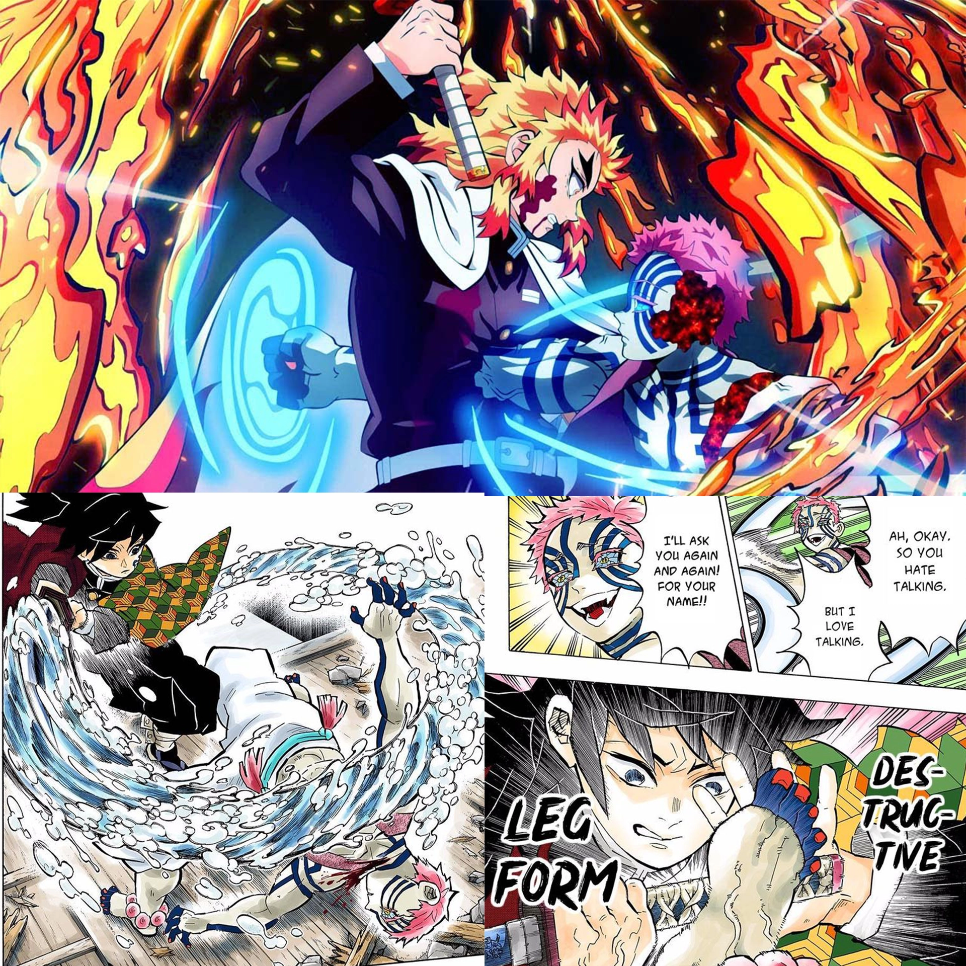 Akaza fighting Kyojuro Rengoku Giyu Tomioka and Tanjiro Kamado