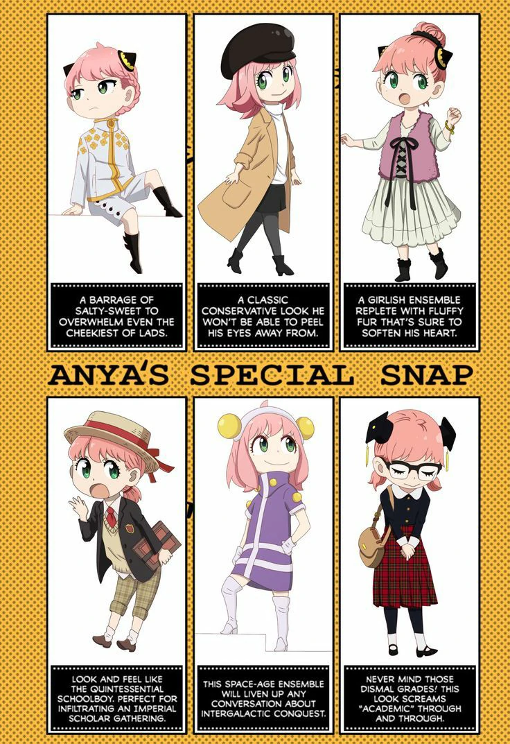 Anya Forger appearance home dress Eden Academy uniform and laboratory clothing