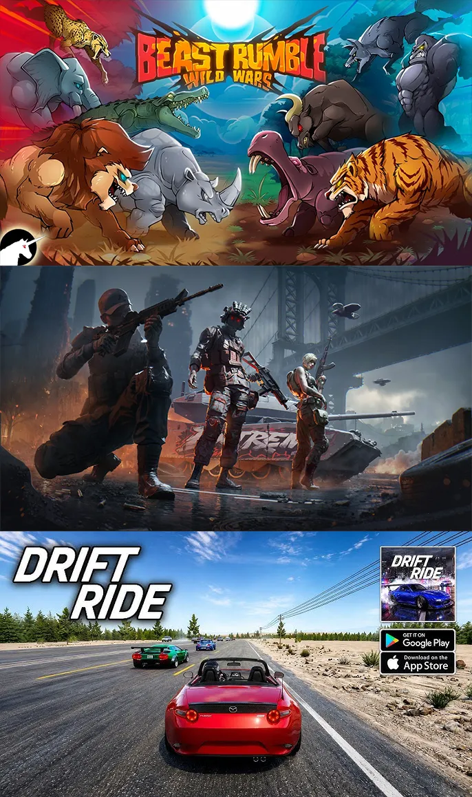 Beast Rumble Wild Wars Frontline 2042 and DRIFT RIDE 2 mobile games
